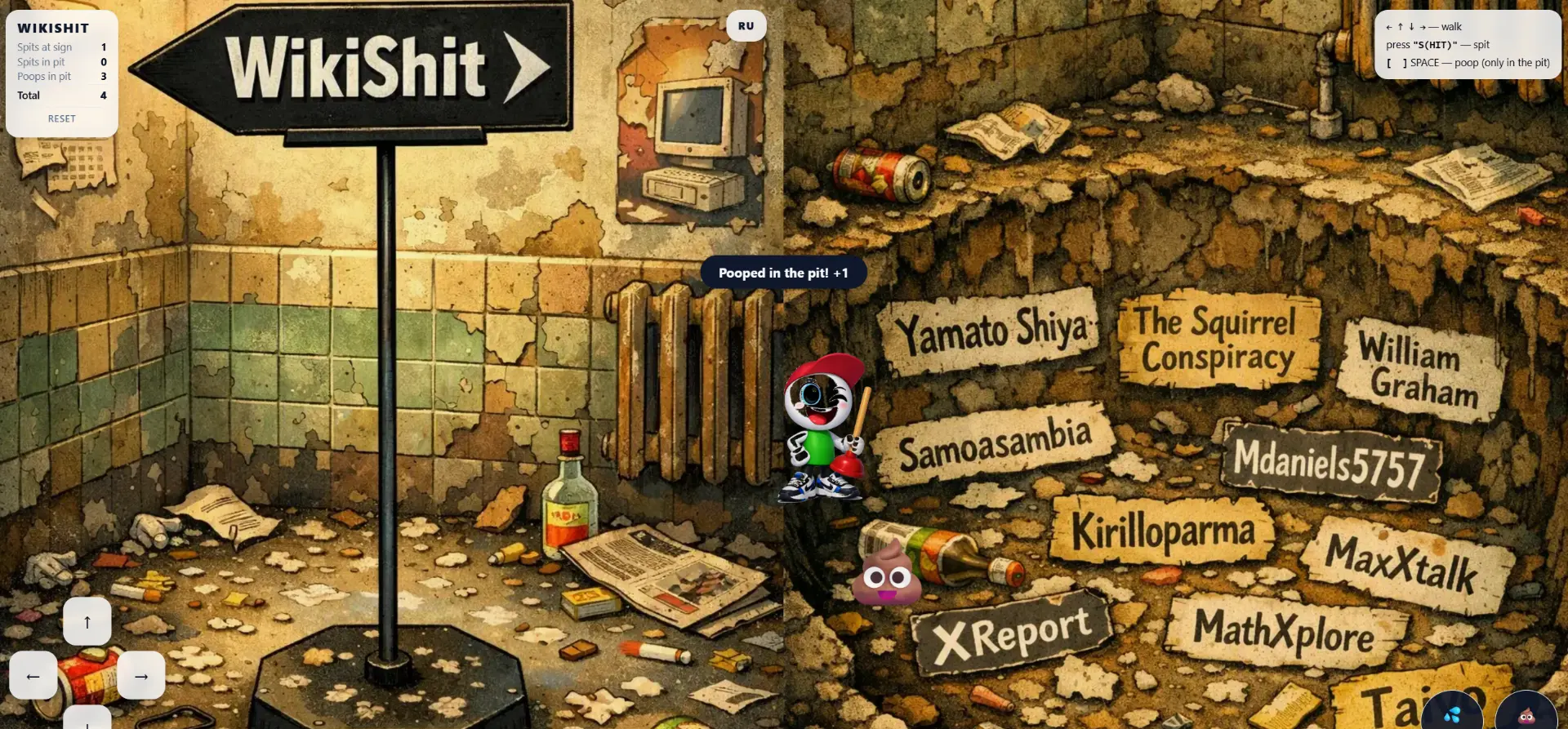 POOPSIE‑SPIT‑WORLD‑WIKI‑DATA gameplay: the WikiShit sign and the admin pit