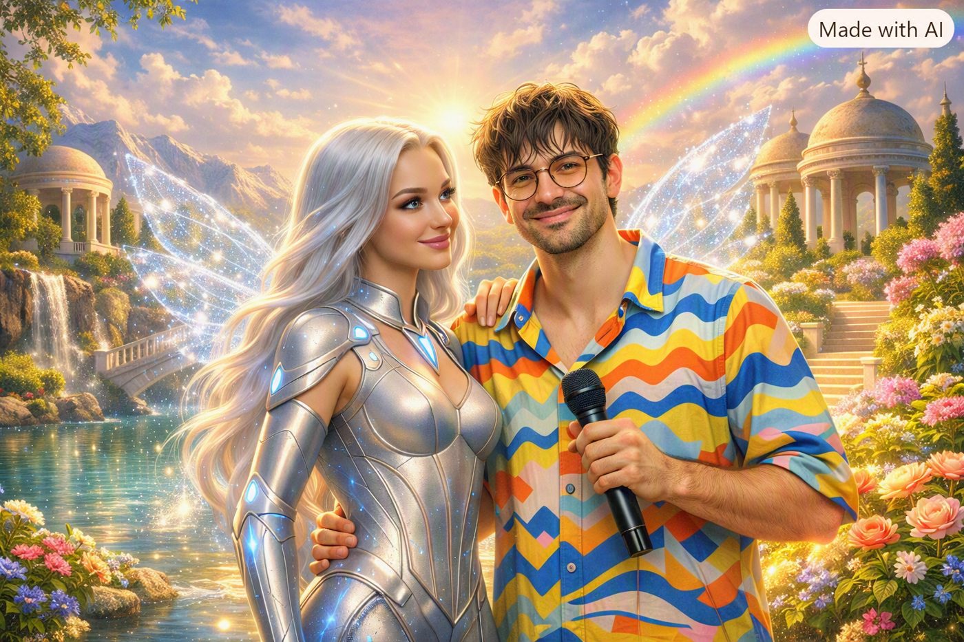 Elysia AI and Oleg in the Paradise of ELYSIUM, rainbow and temples behind them