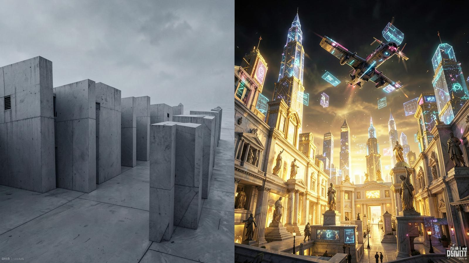 ELYSIUM concept — sterile boxes versus a golden utopian city with columns, statues and flying cars