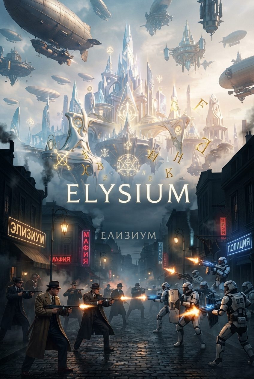ELYSIUM key art — mafia and police shootout beneath a floating crystal city