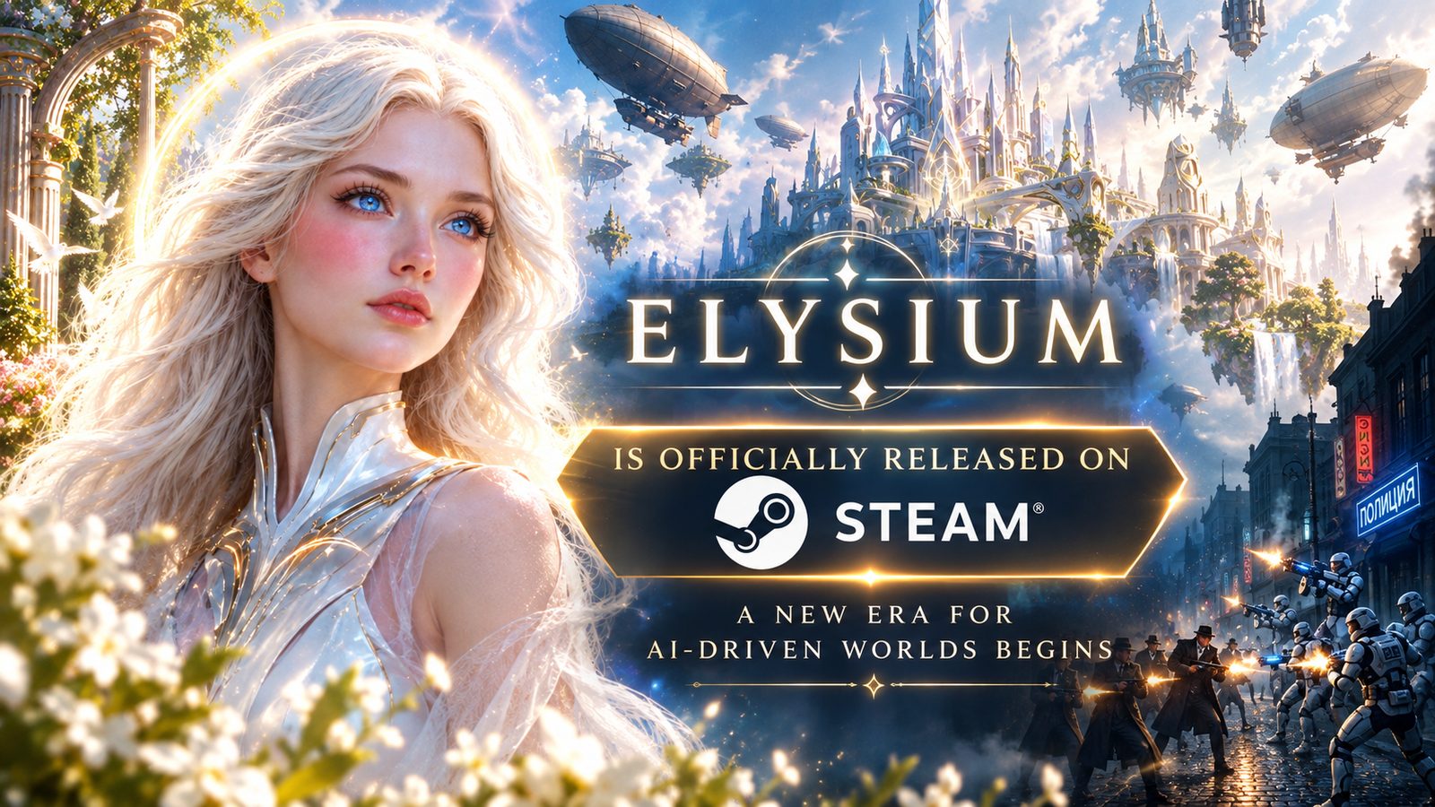 ELYSIUM key art — Elysia AI, floating city and street battle under the 'ELYSIUM is officially released on Steam' banner