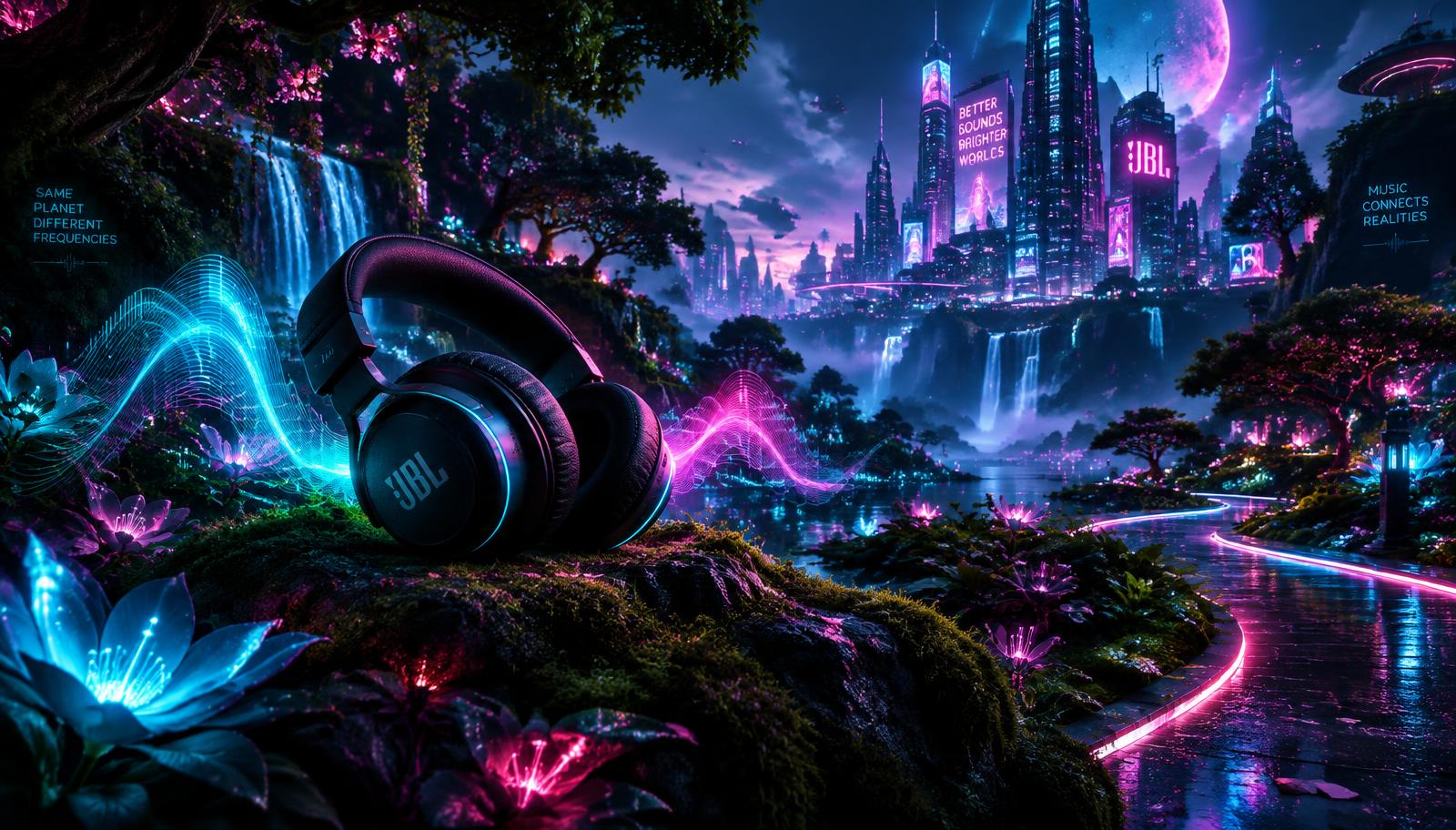 Premium headphones on a moss-covered rock in a neon-lit cyberpunk garden with glowing sound waves