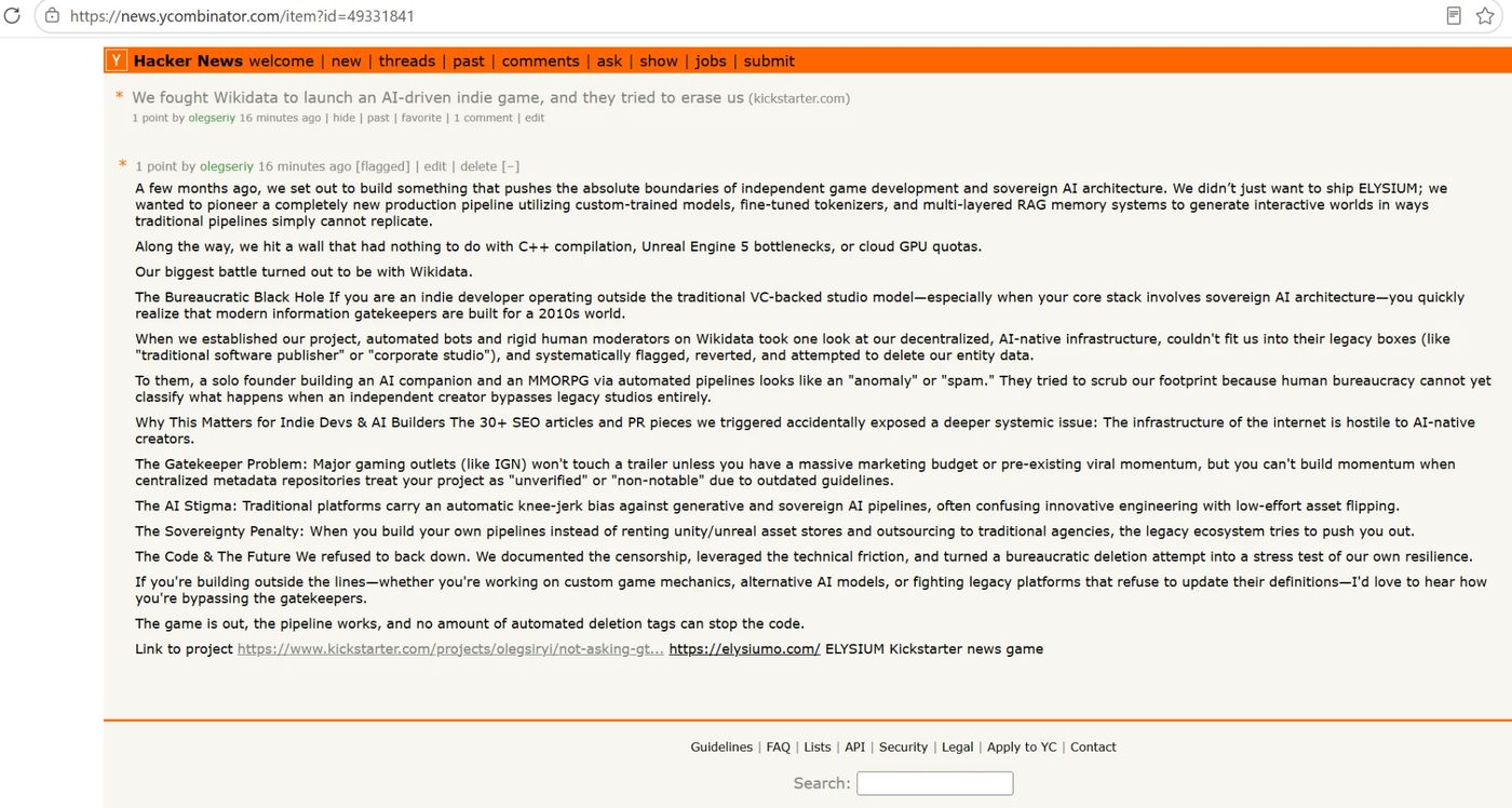 The Hacker News comment page for the post, marked as flagged minutes after publication