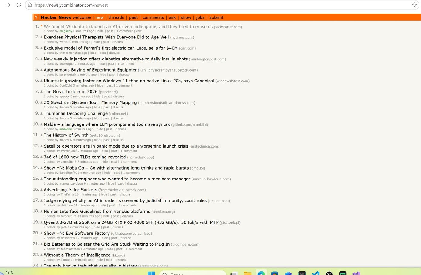 Hacker News newest page showing the post 'We fought Wikidata to launch an AI-driven indie game, and they tried to erase us' at position one
