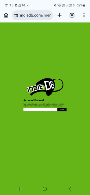 Screenshot of the IndieDB account ban notification