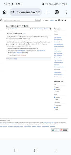Wikimedia screenshot showing the BBCO OU corporate account public disclosure