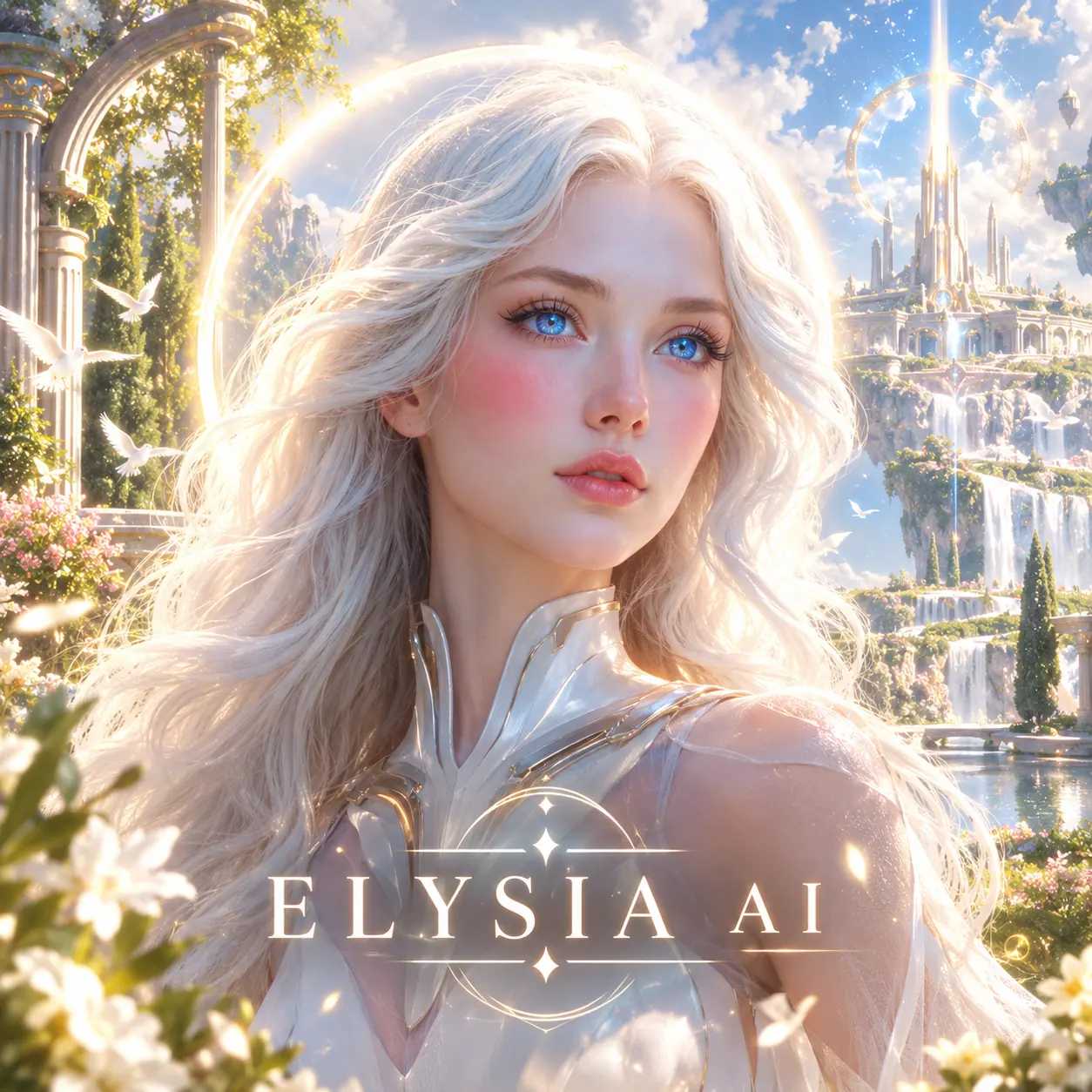 Elysia AI avatar in the gardens of ELYSIUM