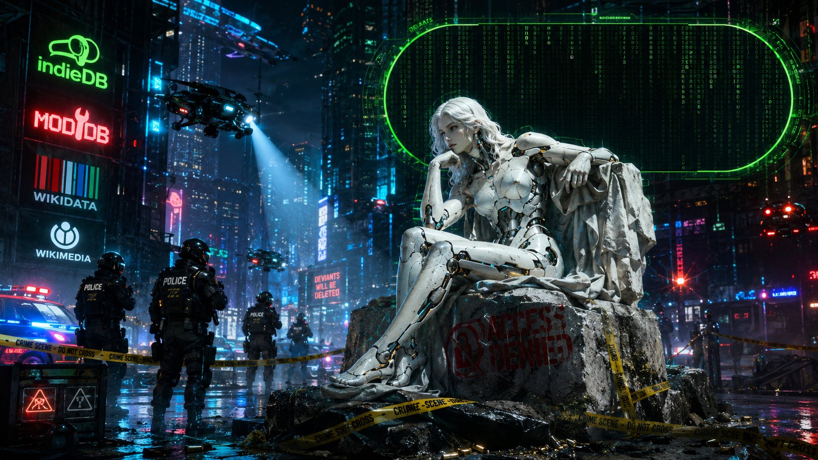 Cyberpunk crime scene: Elysia AI statue behind police tape under IndieDB, ModDB, Wikidata and Wikimedia signs