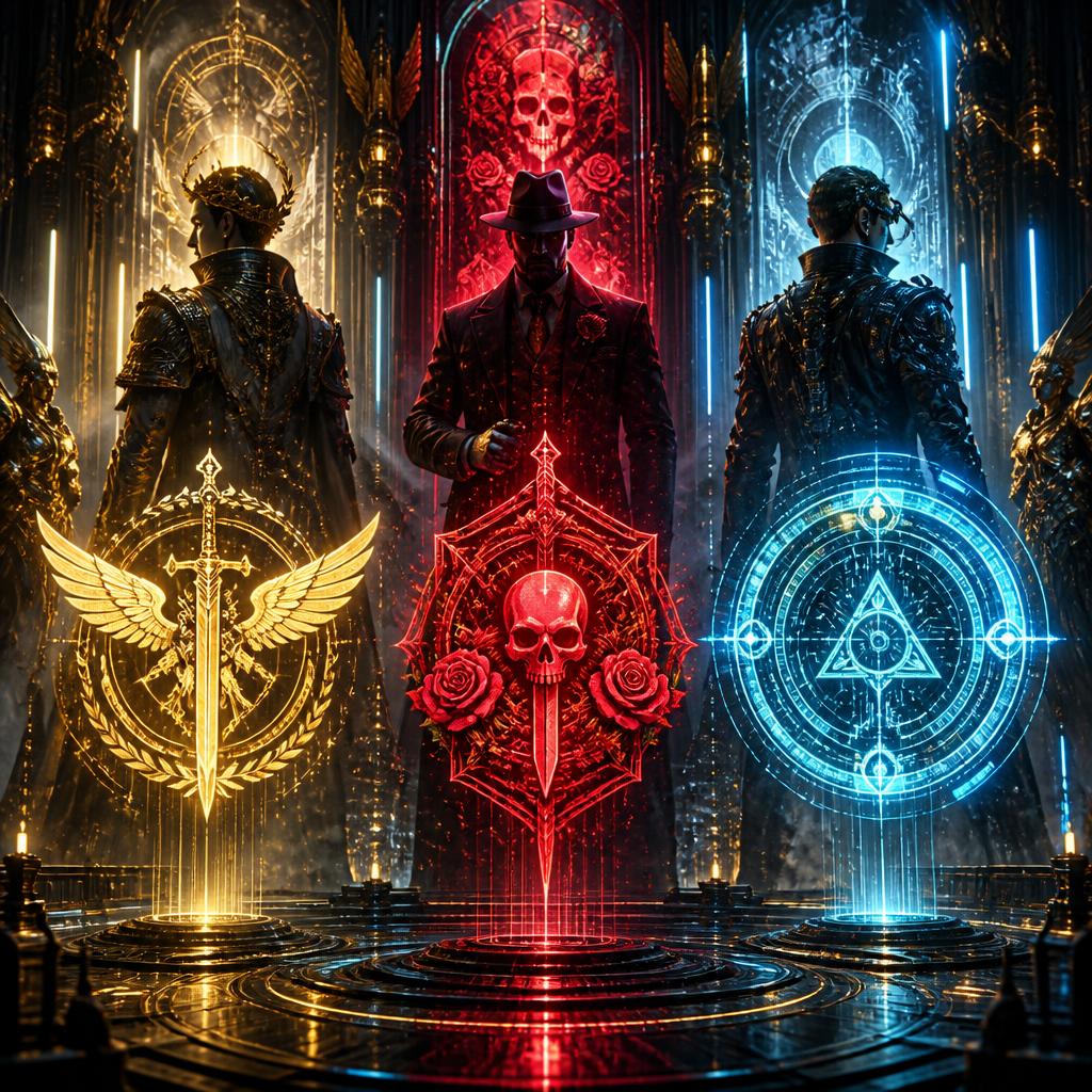 ELYSIUM factions and organizations — Army, Mafia and AI emblems in a neon hall