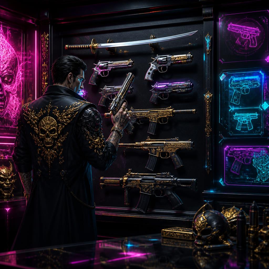 ELYSIUM weapon selection — a mafia arsenal wall in a neon underground hideout